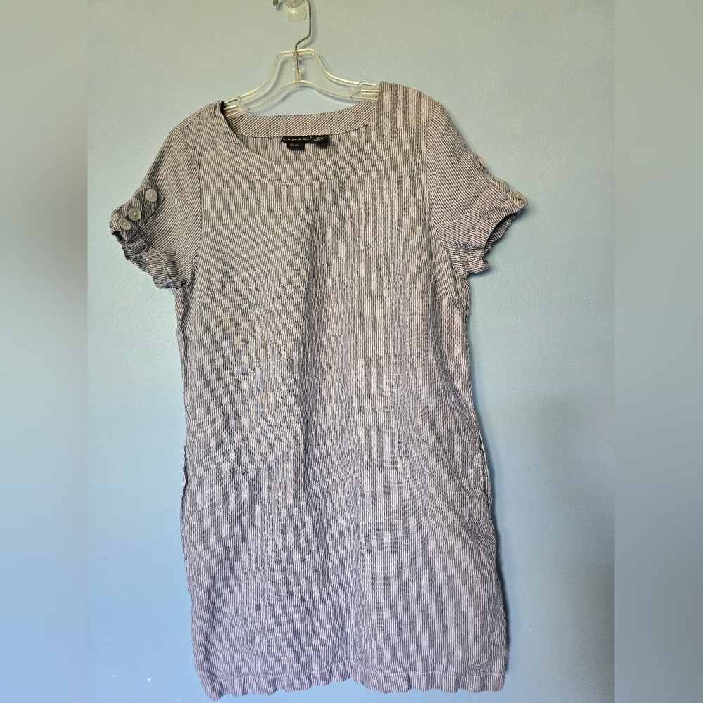 Tahari 100% Womens Linen Striped Dress L Blue